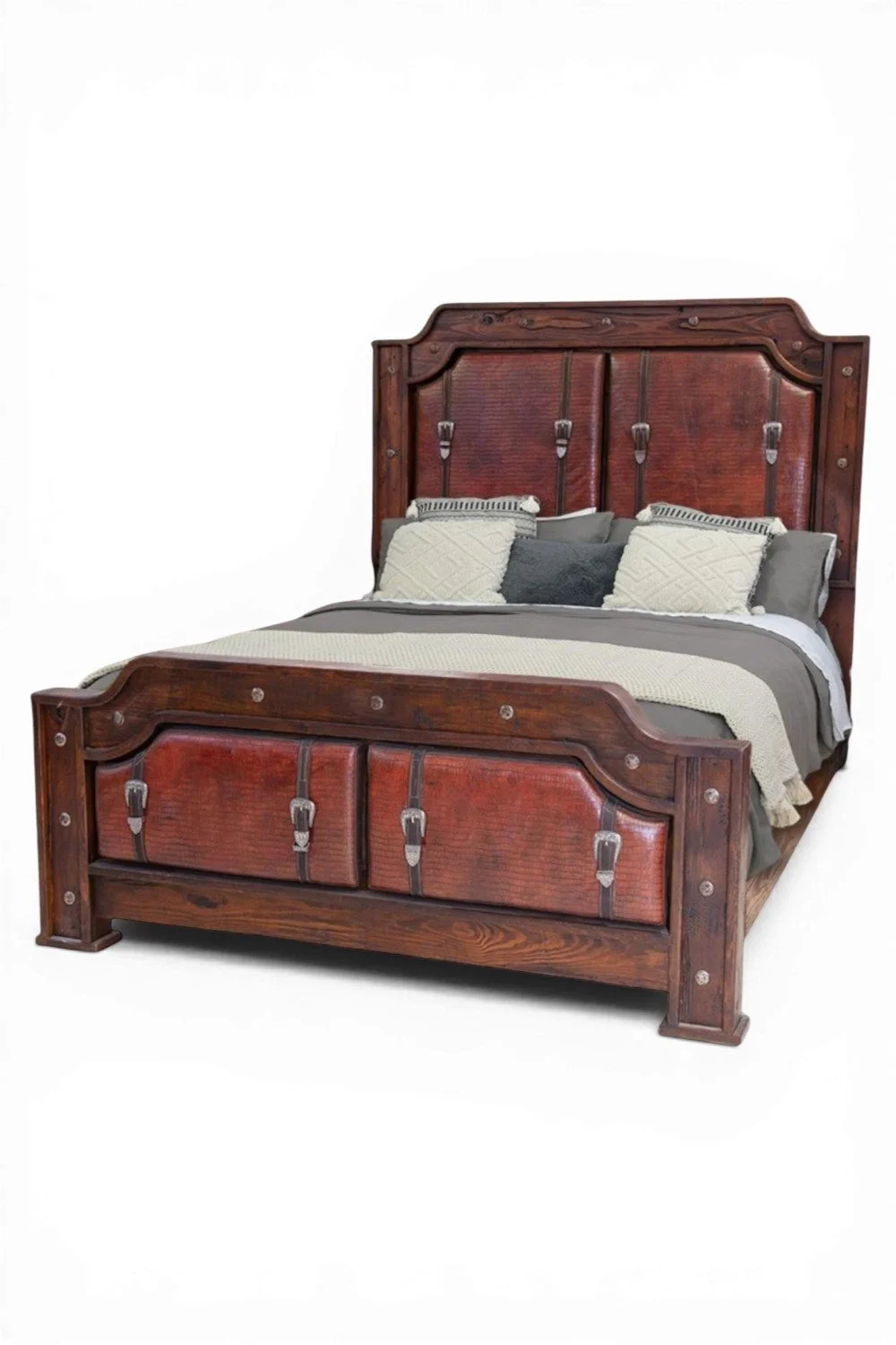 Shop a handmade croc print leather bed from Mexico. Rustic luxury design with wood frame, leather accents, and hacienda-style craftsmanship.