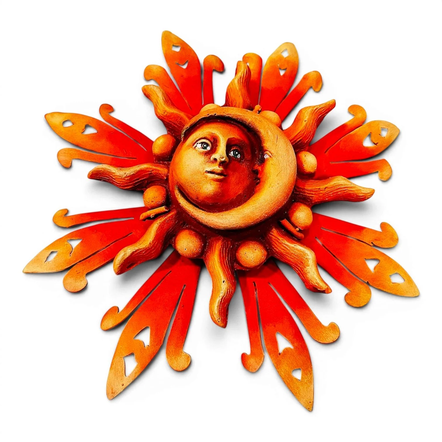 Handmade Mexican Mini Sol y Luna Vibrante wall art with colorful sun and moon design and metal rays
