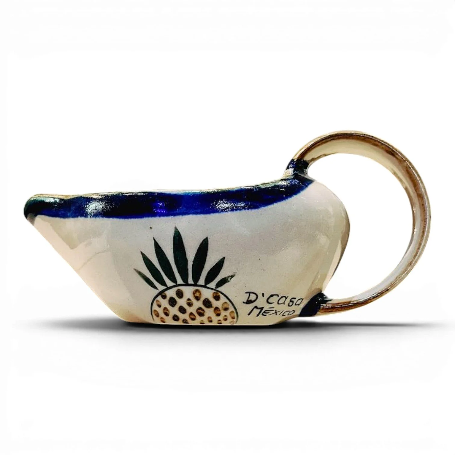 Handmade Mexican Talavera cactus salsa boat with hand-painted cobalt blue rim