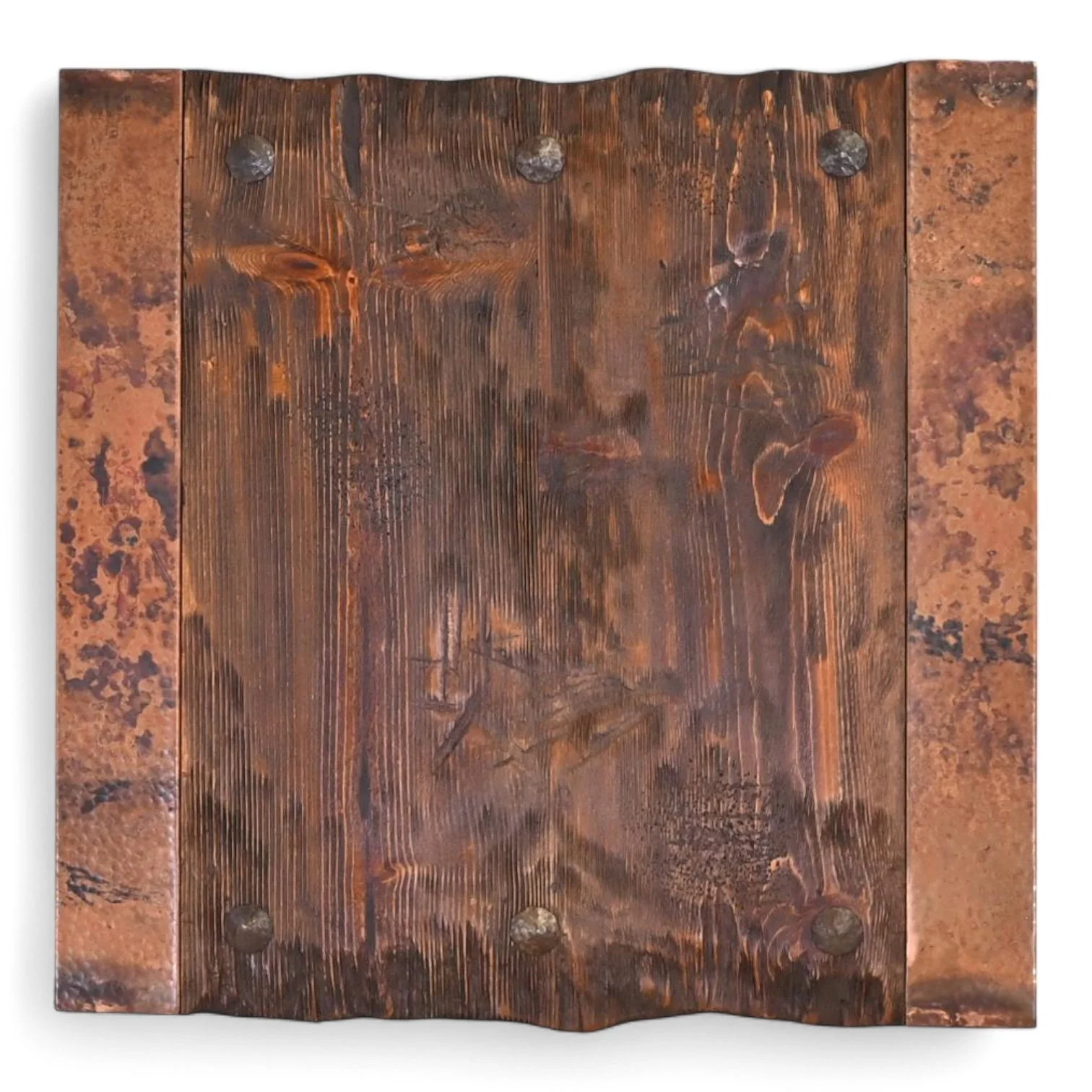 Handmade Floresville reclaimed wood end table with distressed finish and hand-pounded copper edge trim.