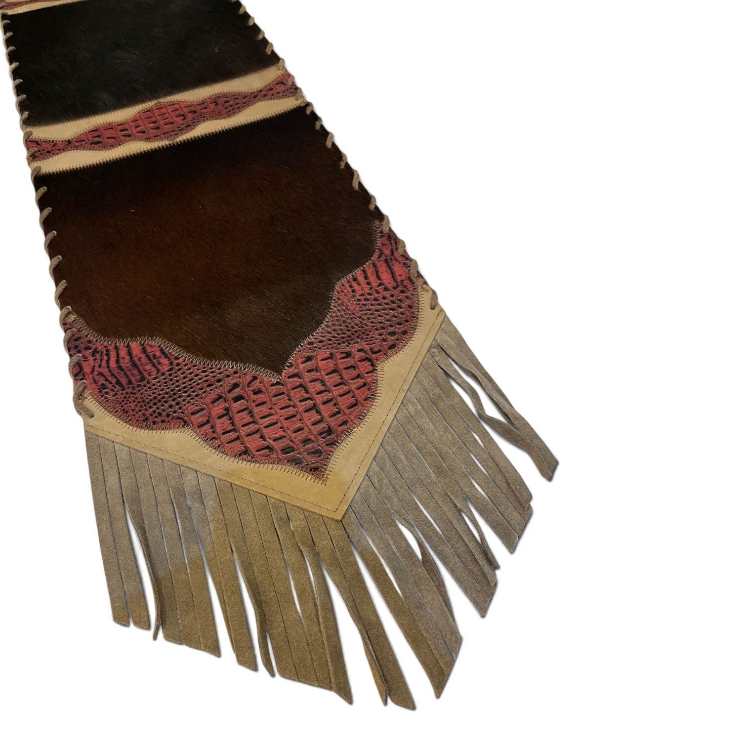 Handmade Brazilian cowhide table runner with tooled leather and fringe