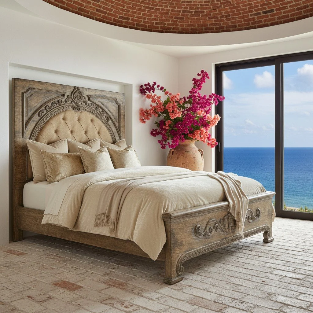 Handmade whitewashed king bed with button-tufted upholstered headboard