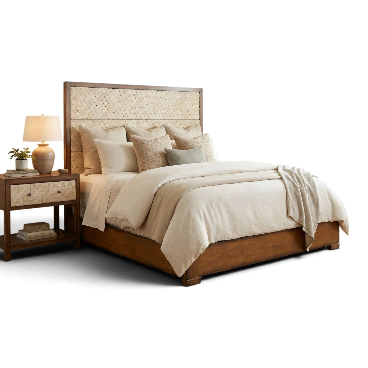 Handmade bed with hand-woven leather headboard framed in solid wood
