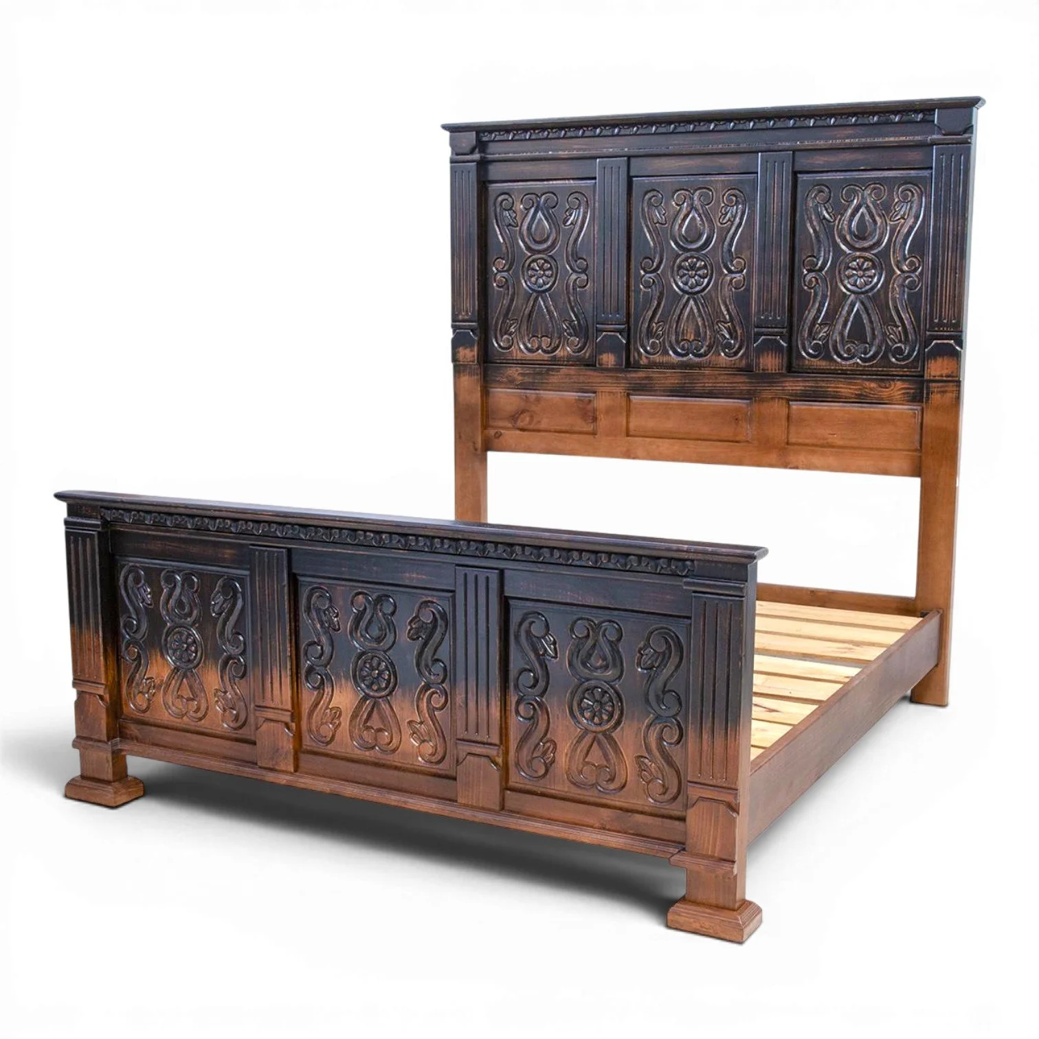 Handmade Oaxaca Ombre carved bed with detailed wood carving and ombre painted finish crafted in Mexico.