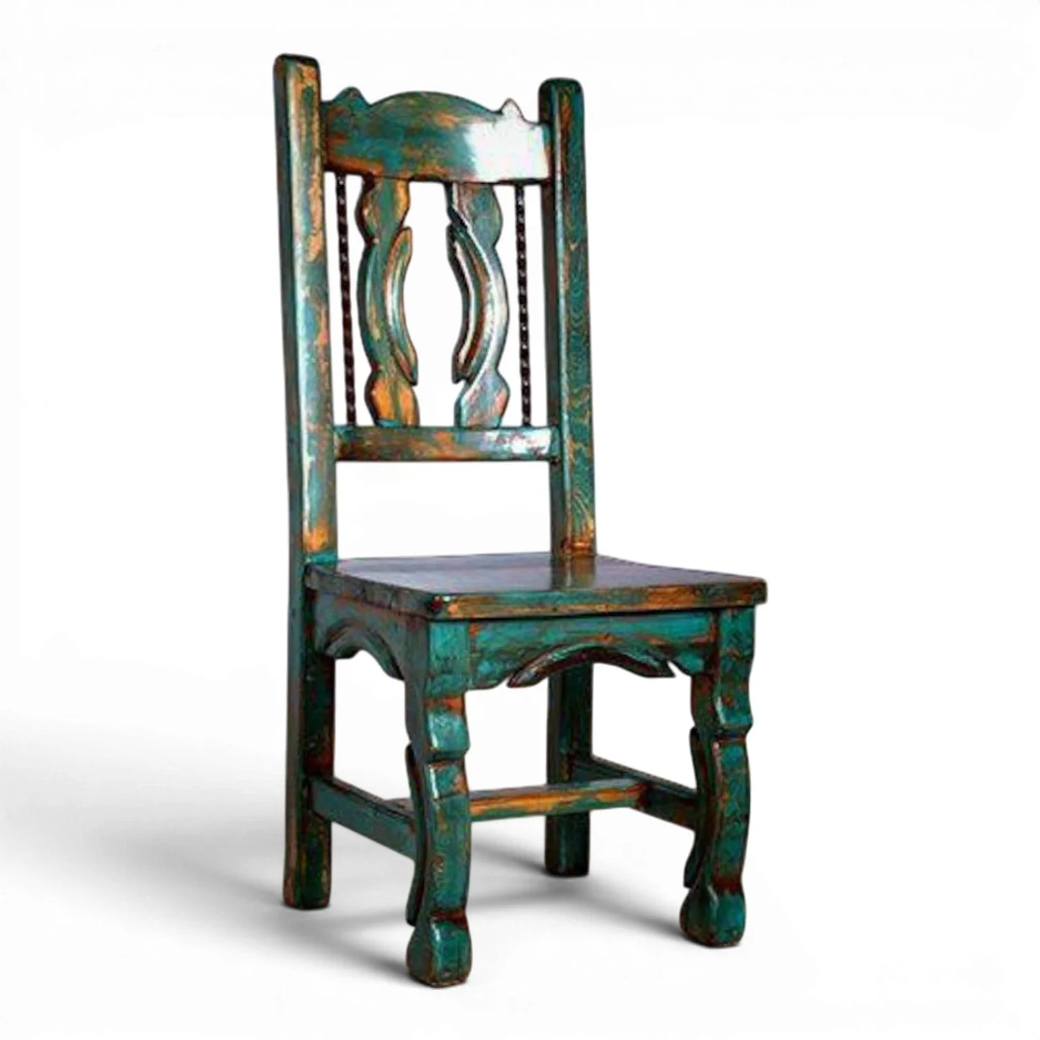 San Juanito handcrafted Mexican reclaimed wood dining chair with Western yoke-style back and twisted iron accents