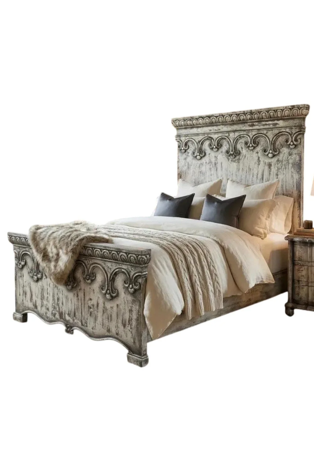 Shop the Castillo Bed Renaissance handmade in Peru. Solid wood king bed with ornate carvings, distressed grey finish, and French country elegance.
