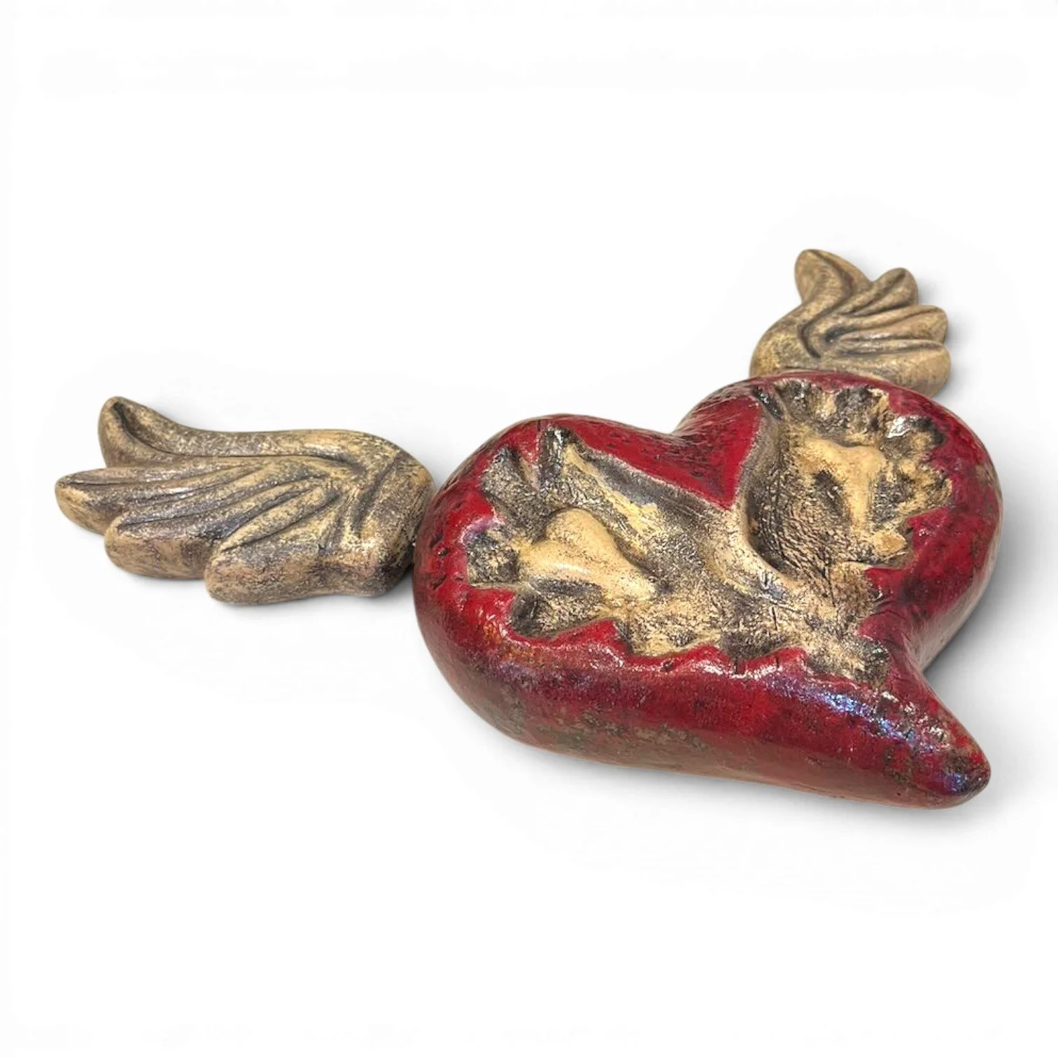 Handmade Mexican Sagrado Corazón con Alas clay wall art featuring a distressed red sacred heart with sculpted wings.