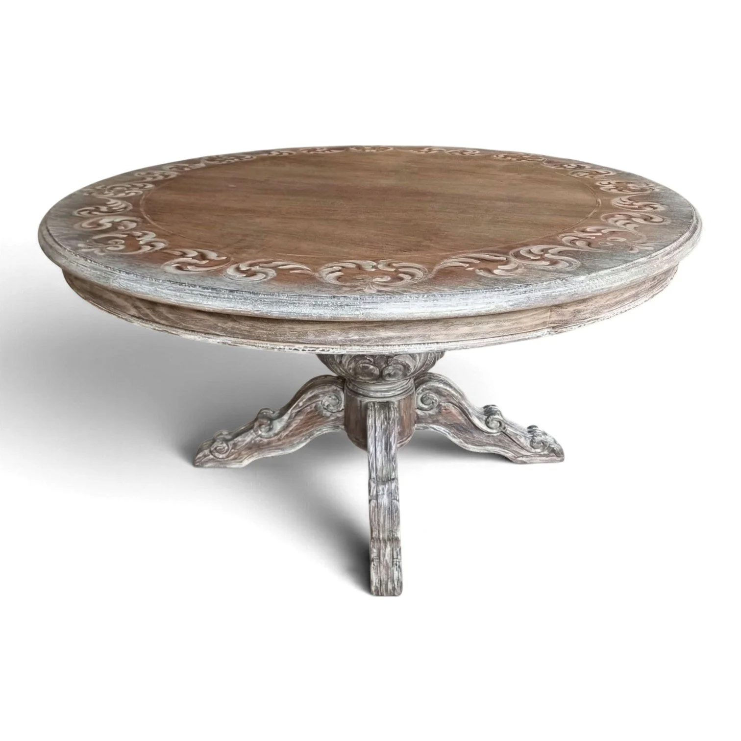 Handmade round whitewash dining table with carved pedestal base