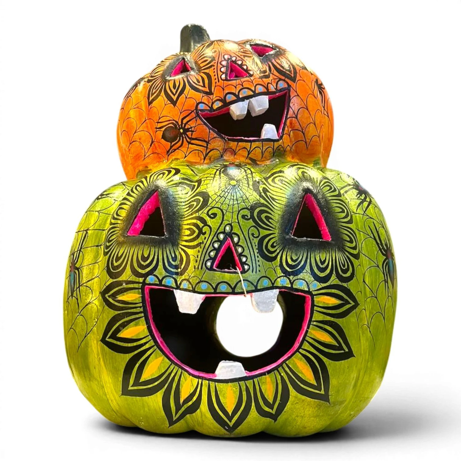Handmade Mexican double clay jack-o’-lantern with hand-painted spider and web design