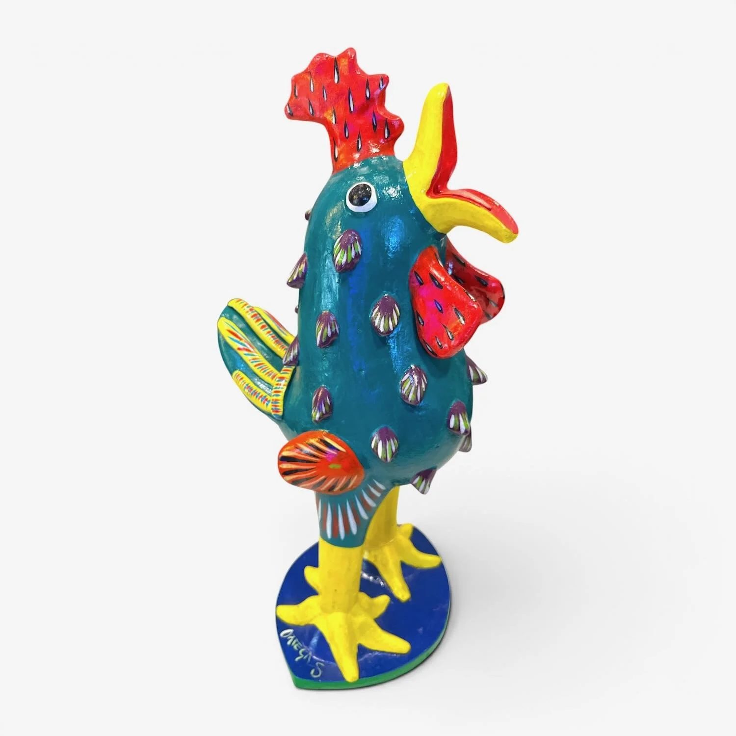 Signed handmade 19-inch green clay rooster by Mexican folk artist Gerardo Ortega from Tonalá, Jalisco.