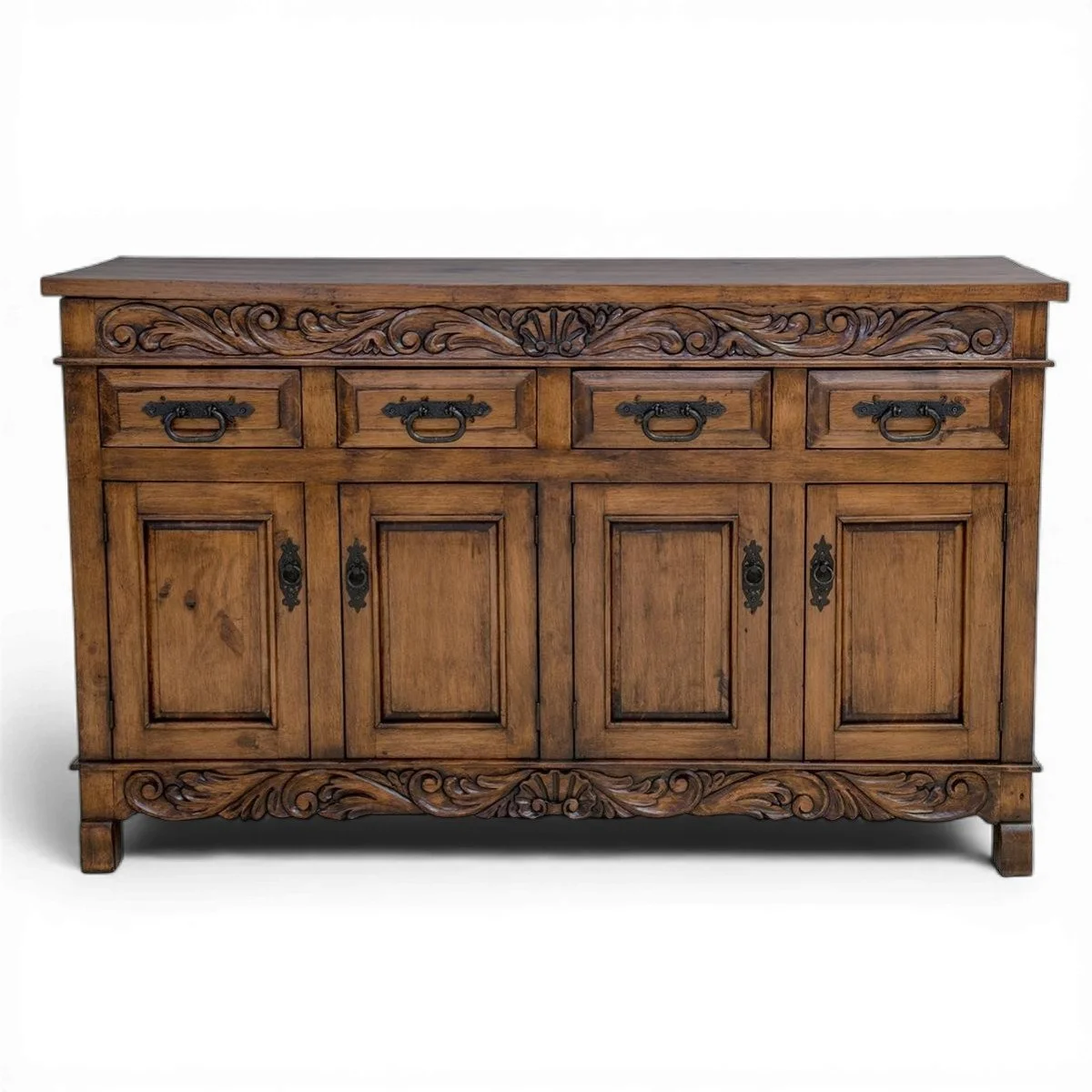 Handmade Las Cuevas Especial dark rustic buffet with hand-carved details and iron hardware crafted in Mexico.