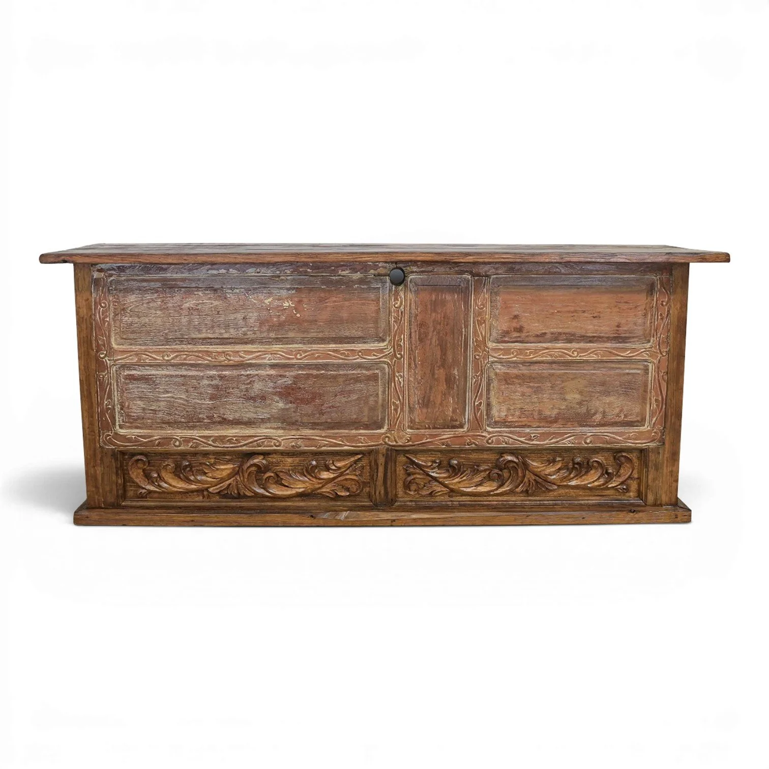 Handmade Sabinas rustic Western bar with hand-carved details and distressed antique finish crafted in Mexico.