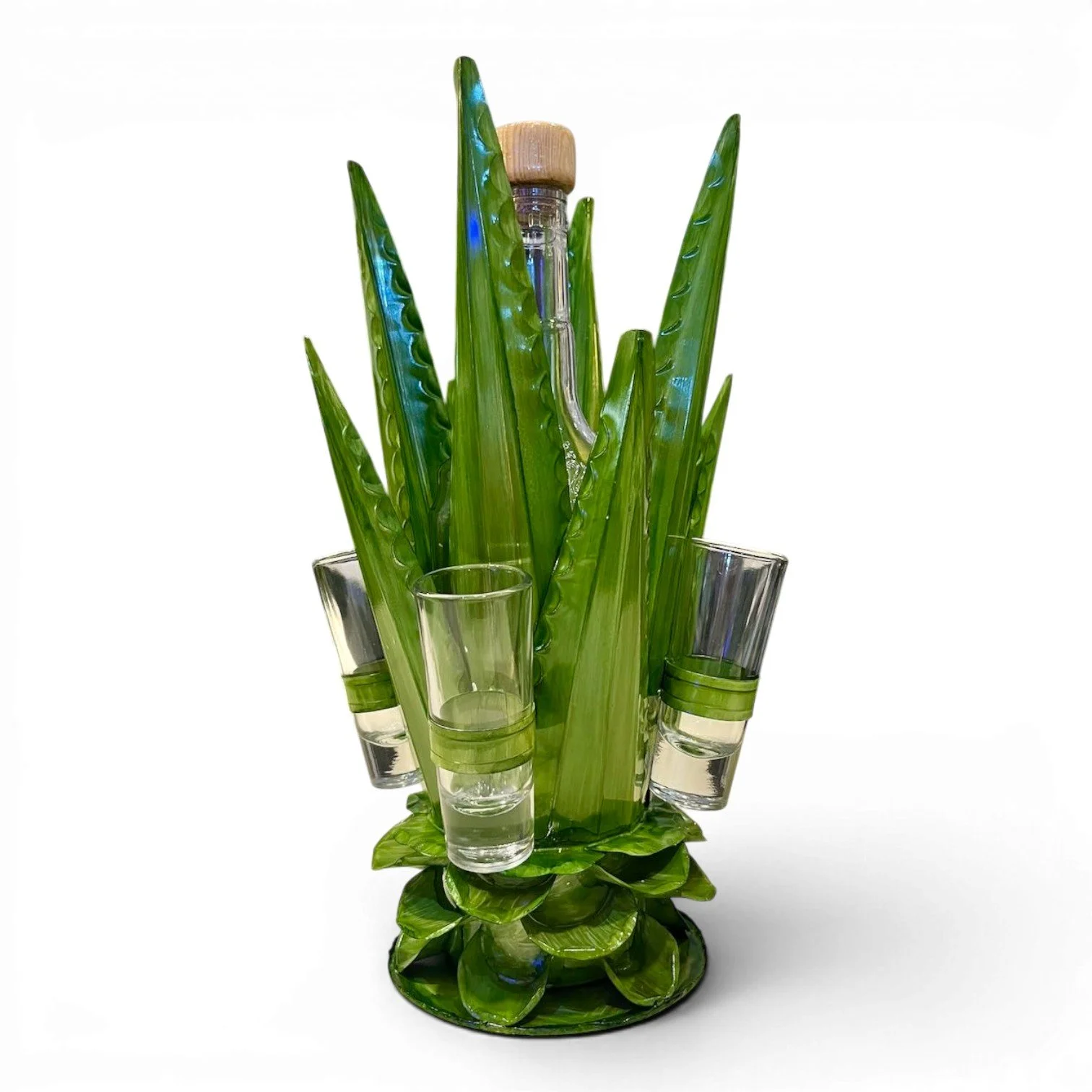 Large handmade Mexican metal agave tequila set with lime green holder, tequila bottle, and four shot glasses