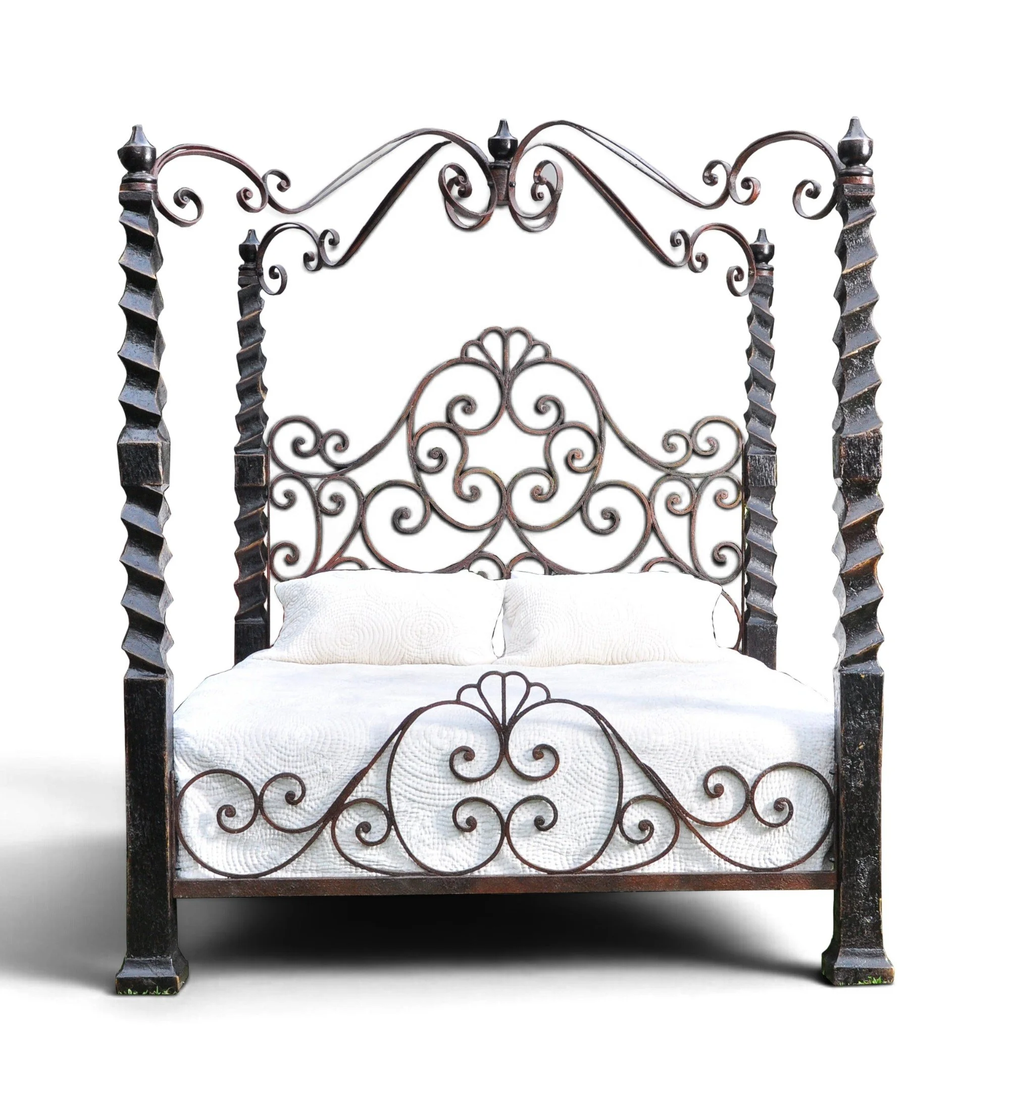 Handcrafted wood and wrought iron canopy bed with hand-forged scrollwork detailing