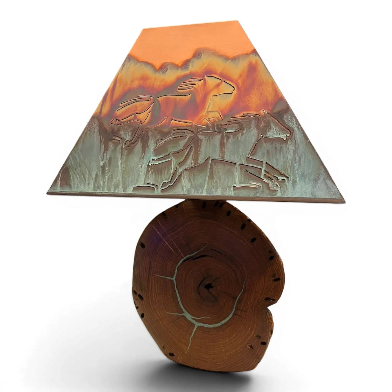Handmade Mezquite y Cobre table lamp with solid copper shade, mesquite wood base, and turquoise inlay.