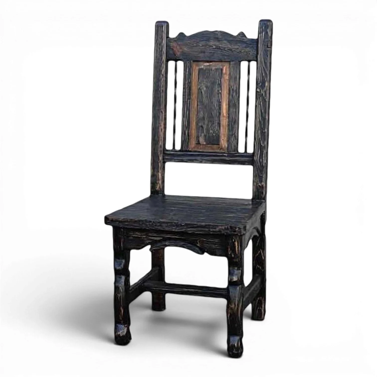 Silla Veracruz handcrafted Mexican reclaimed wood dining chair with twisted iron backrest and hand-carved details