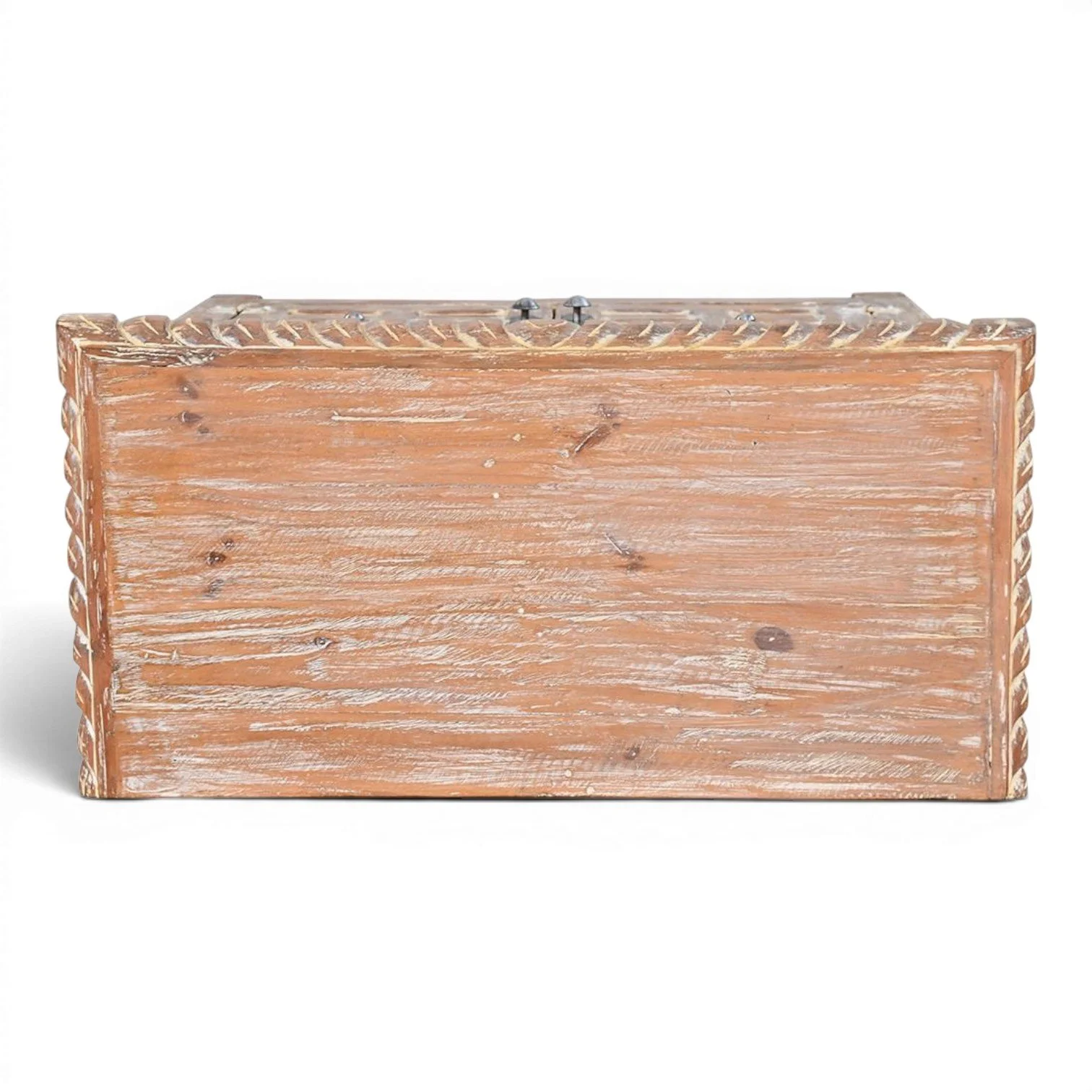 Handmade Klondike whitewashed cabinet with hand-carved details, glass panel doors, and decorative iron hardware.