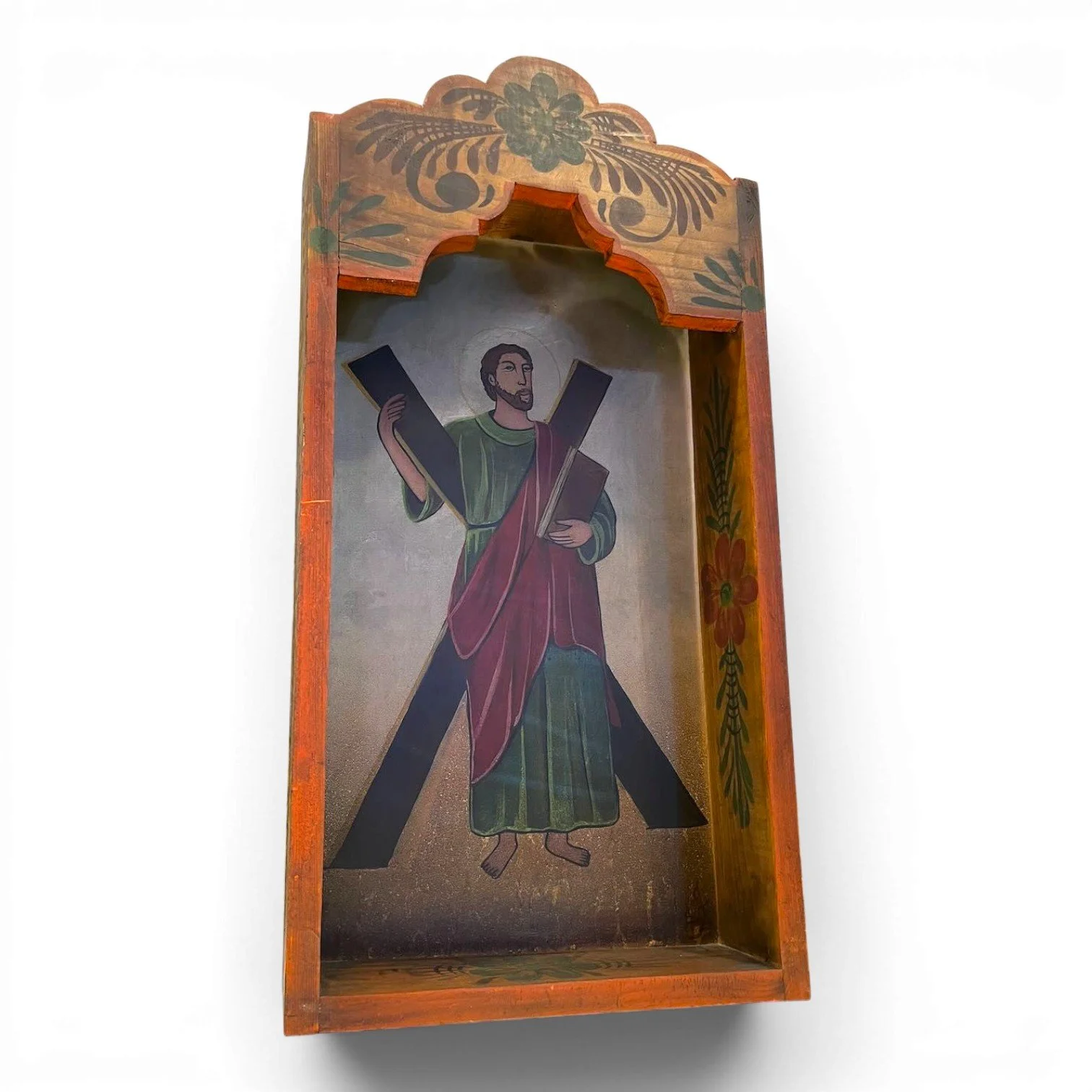 Handmade Mexican Retablo Shadow Box featuring hand-painted religious imagery, hand-carved wood details, and rich dark finish.