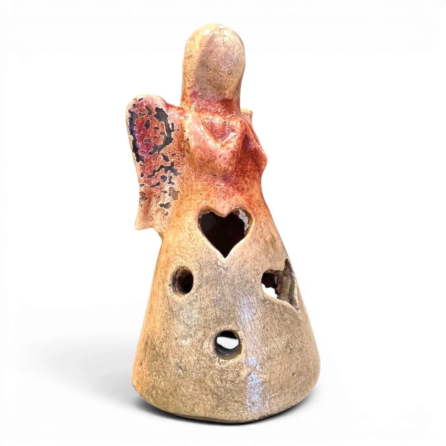 Handmade Mexican Ángel Luminaria clay candle lantern with hand-painted finish and decorative cutout design.