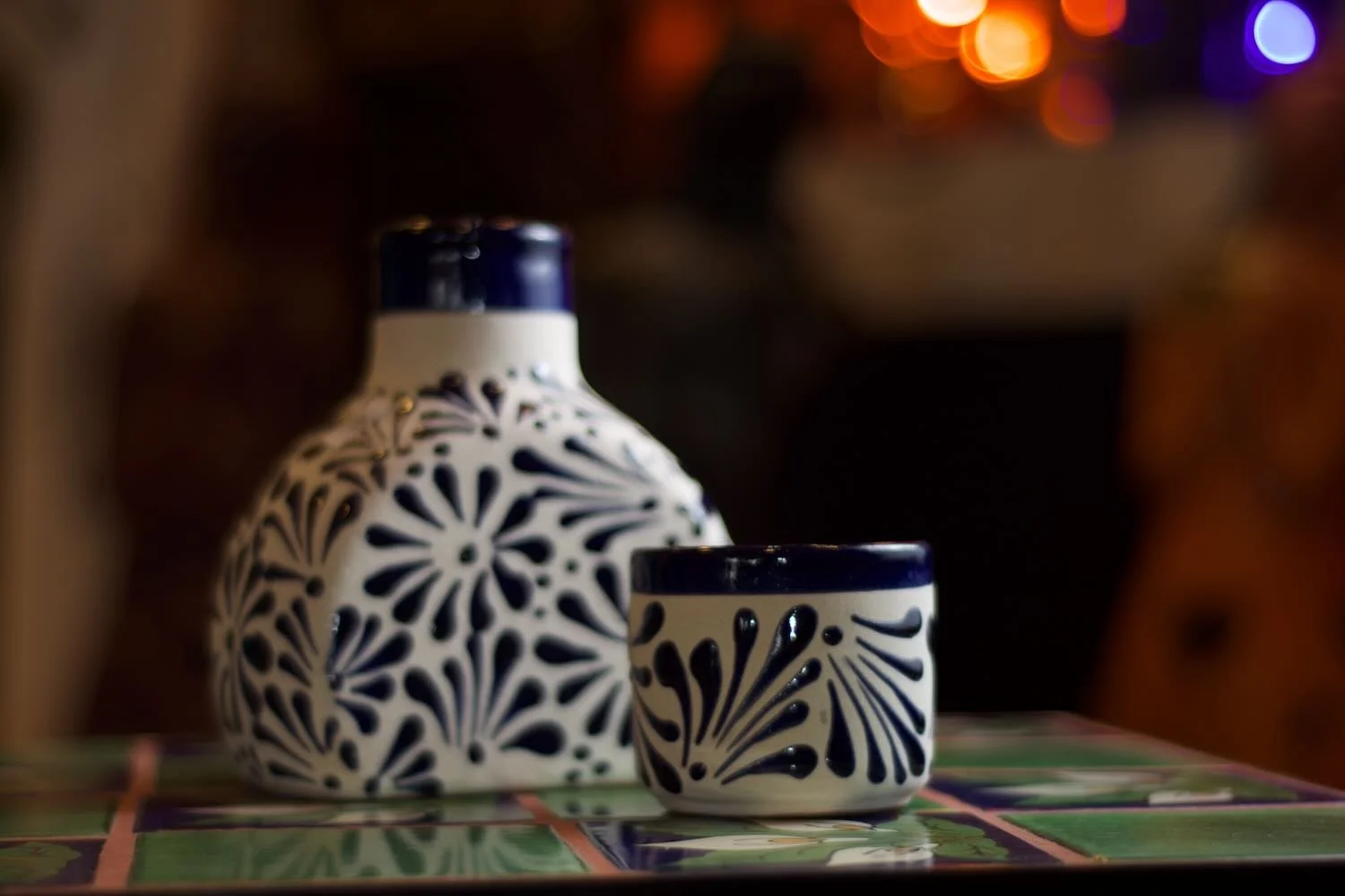 Cobalt Blue Stone Tequila Bottle with Cup from Mexico