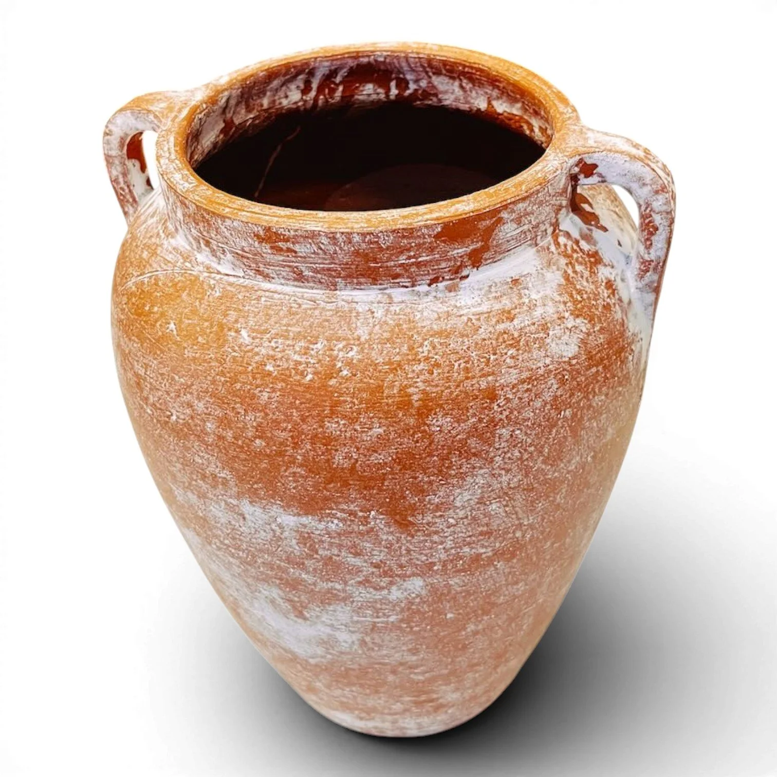 Handmade Mexican distressed terracotta clay vase with whitewashed finish and decorative handles
