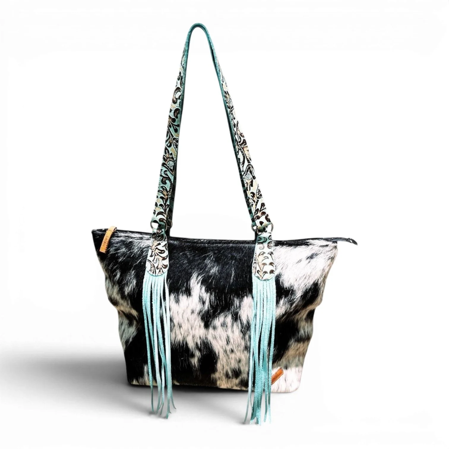 Sheridan Cowhide Tote Bag | Black White Leather & Turquoise Fringe