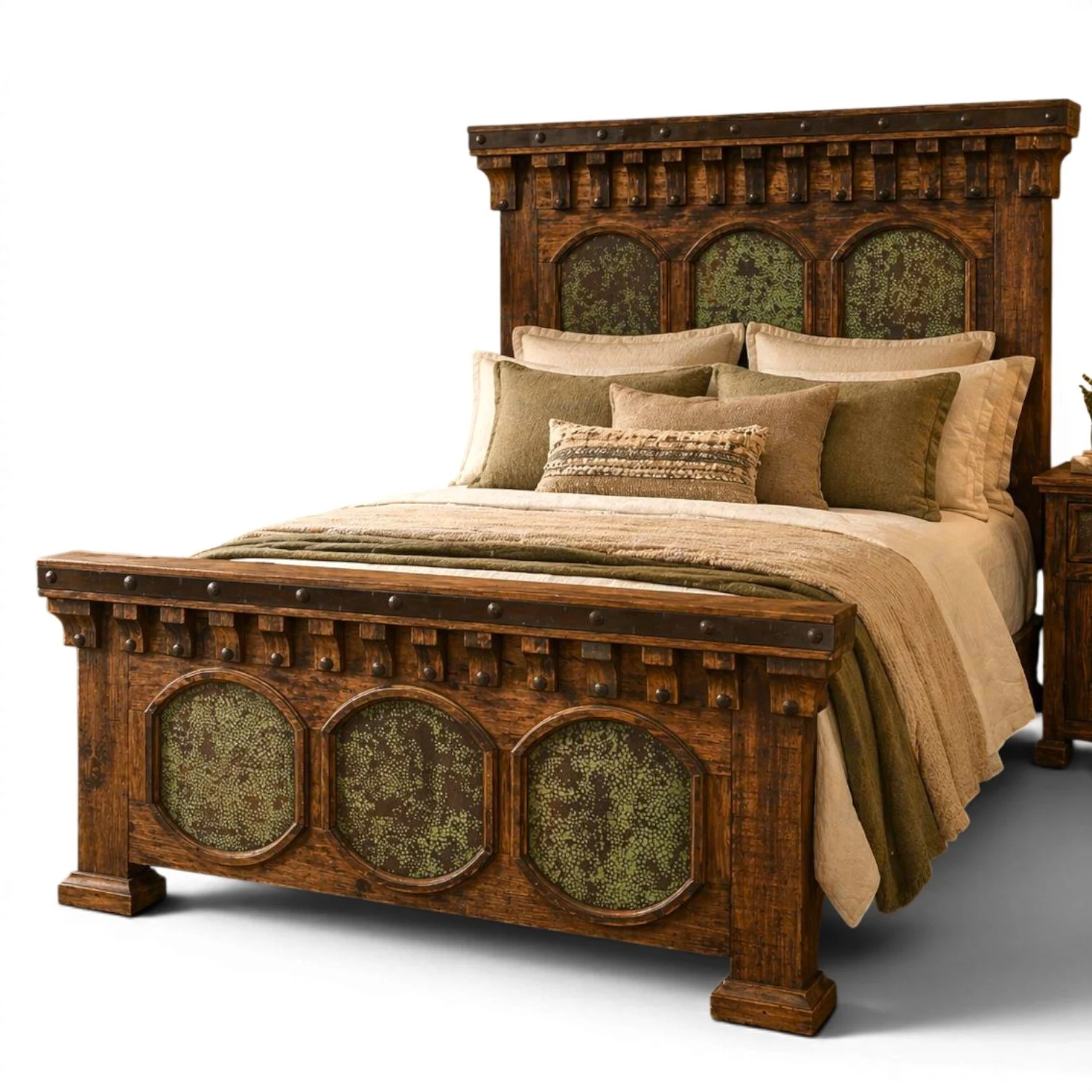 Handmade San Felipe Cobre Bed with hand-pounded copper panels, carved solid wood, iron trim, and rich dark stain crafted in Mexico.