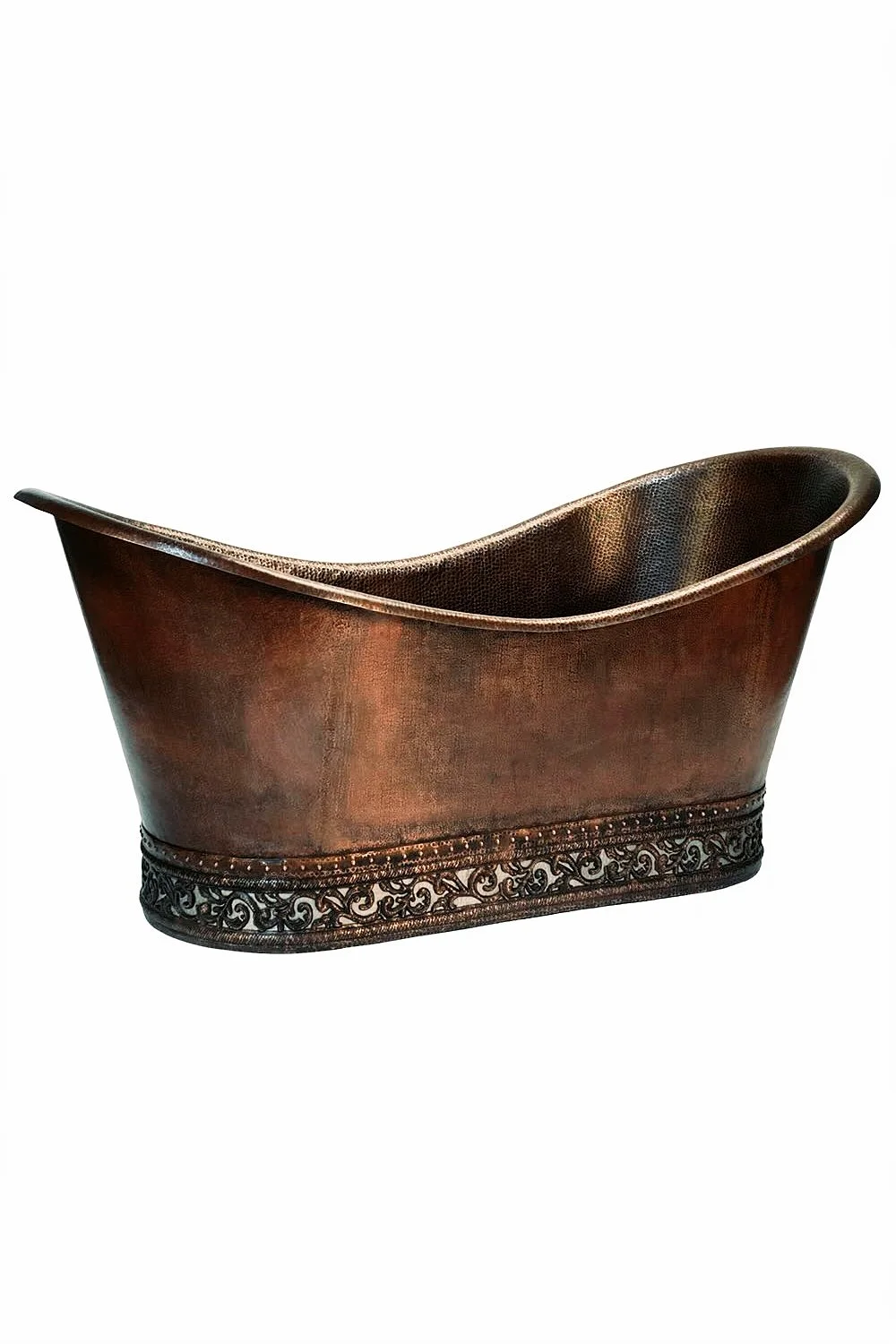 67" Hammered Copper Double Slipper Bathtub - Nickel Inlay