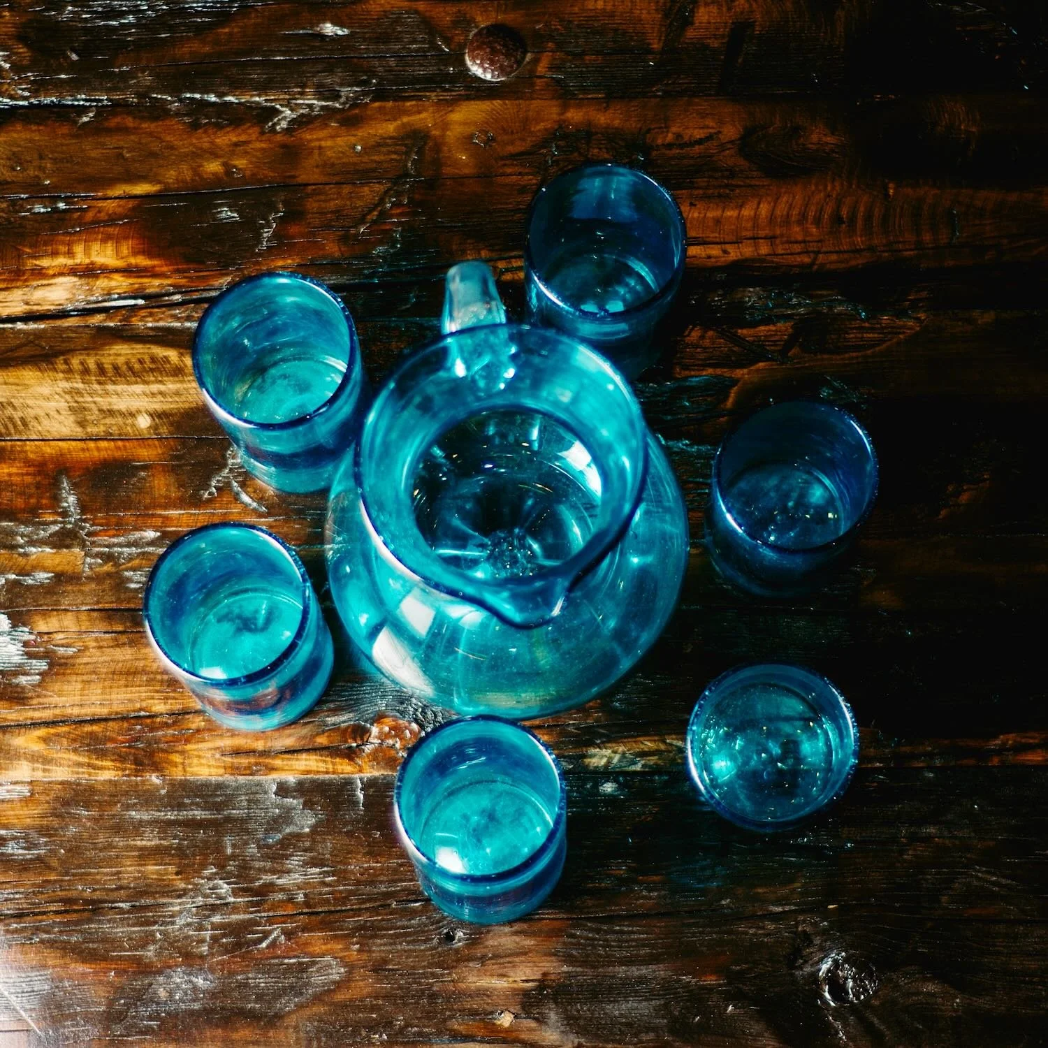 Handblown Turquoise Pitcher & Glassware Set