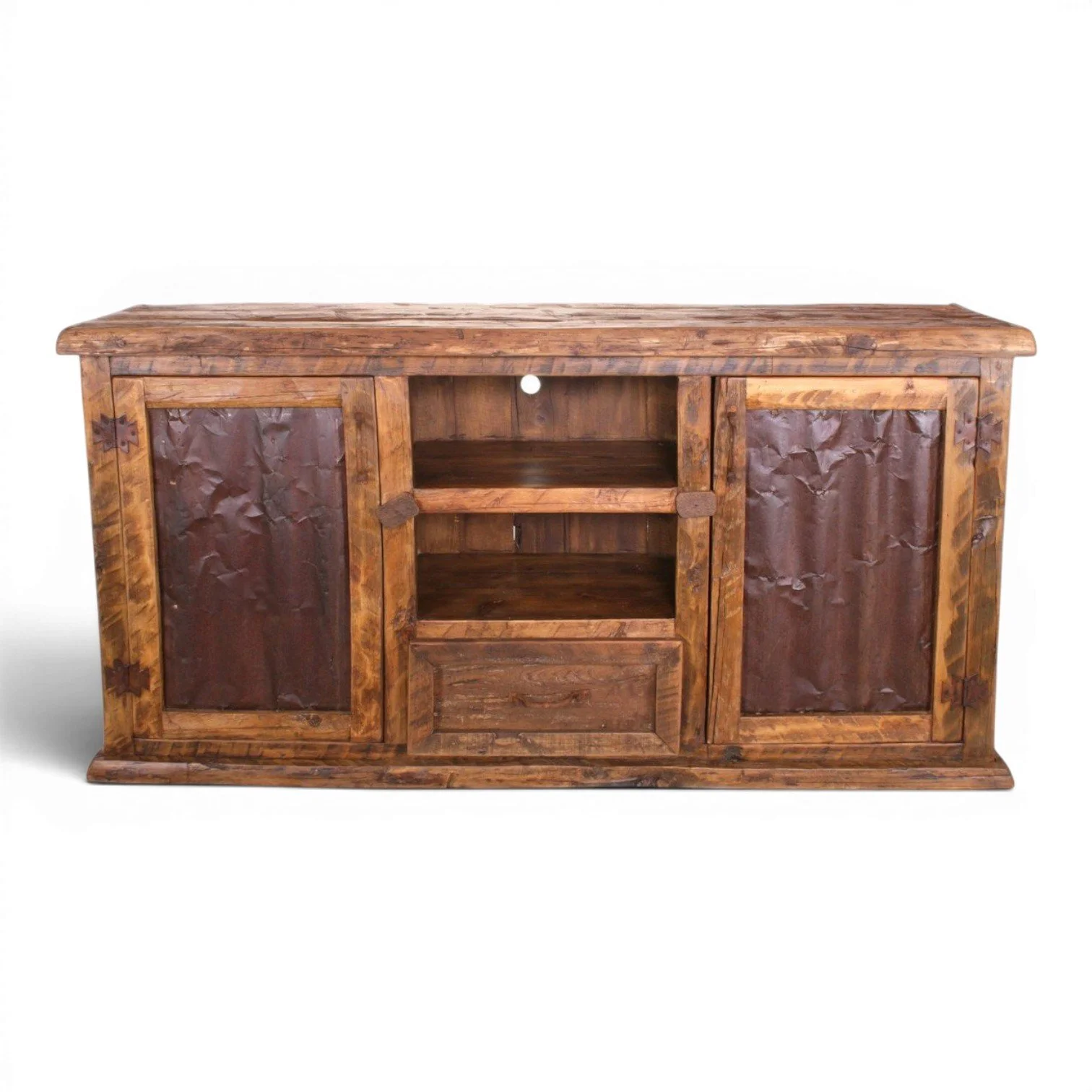 Handmade Mexican reclaimed wood TV console with aged metal panel doors and iron hardware