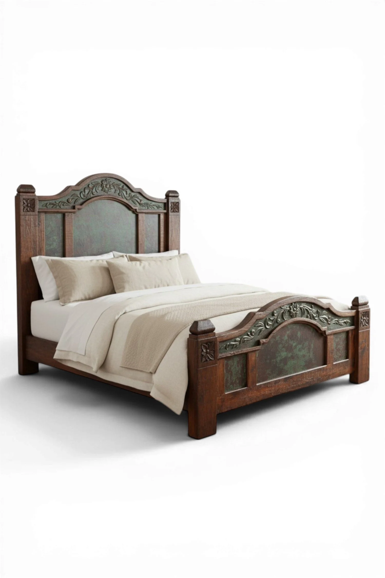 Shop a handmade copper bed from Mexico. Solid wood frame with embossed copper panels for a rustic luxury hacienda-style bedroom.