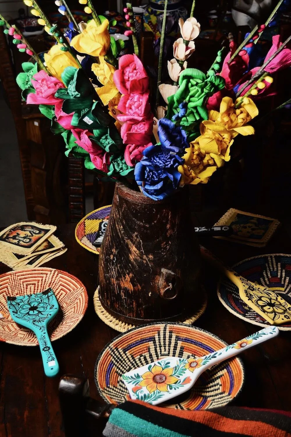 Handmade antique wooden vessel from India with rustic aged patina and artisan craftsmanship.