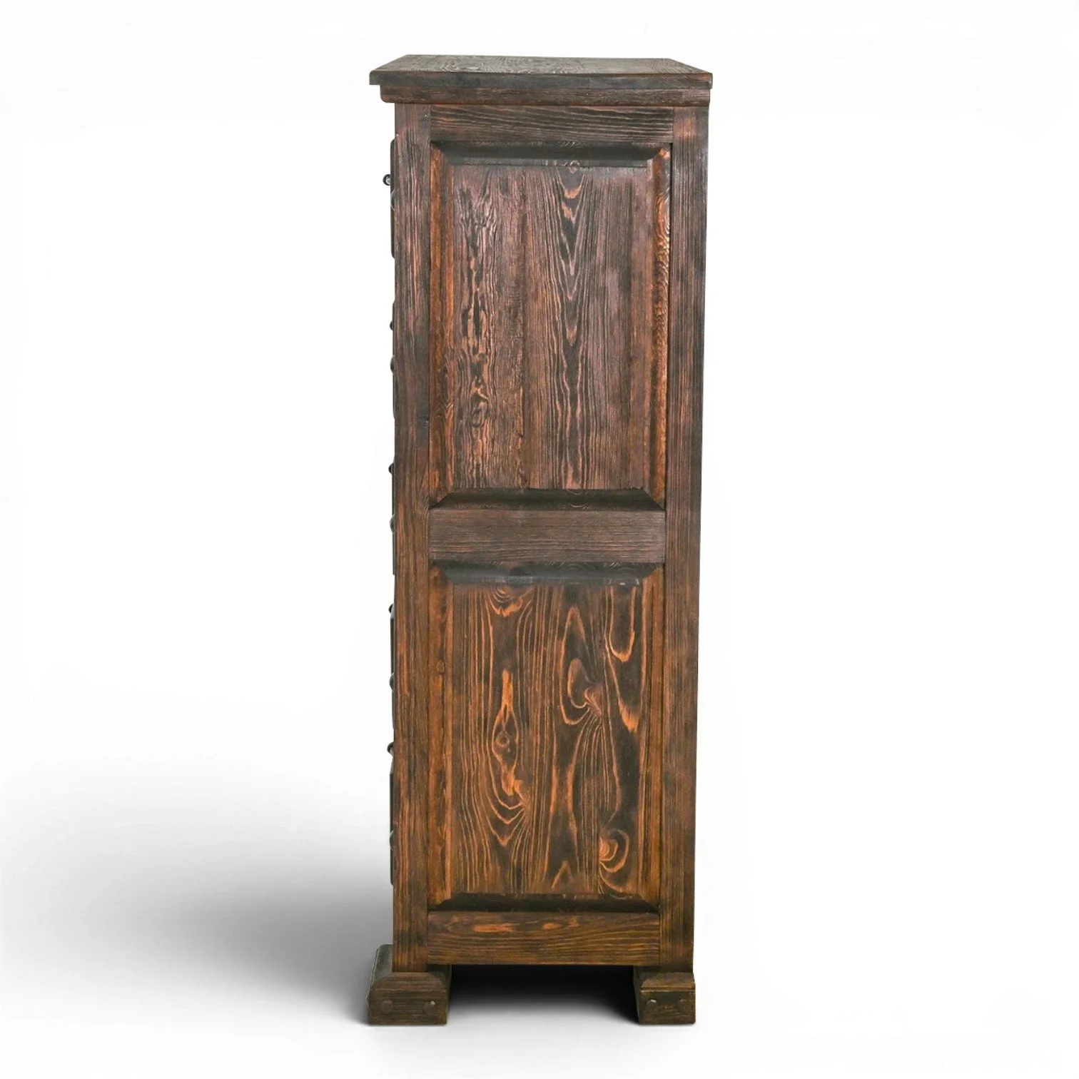 Handmade Tucson tooled leather chest with solid wood frame, carved stain finish, iron hardware, and Western clavos detailing.