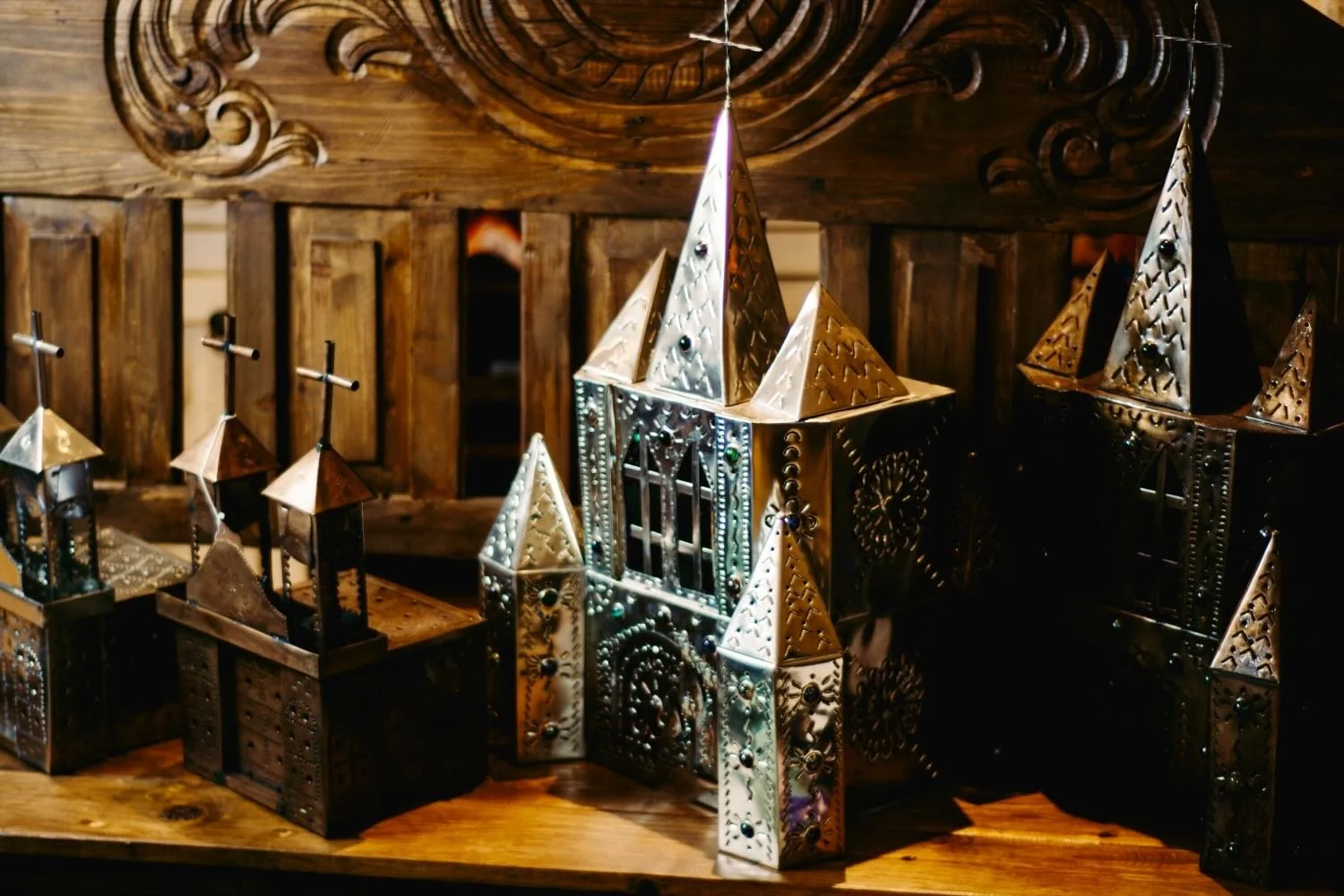 New silver and bronze punched tin Cathedral lamps and mission luminarias handmade from Mexico.