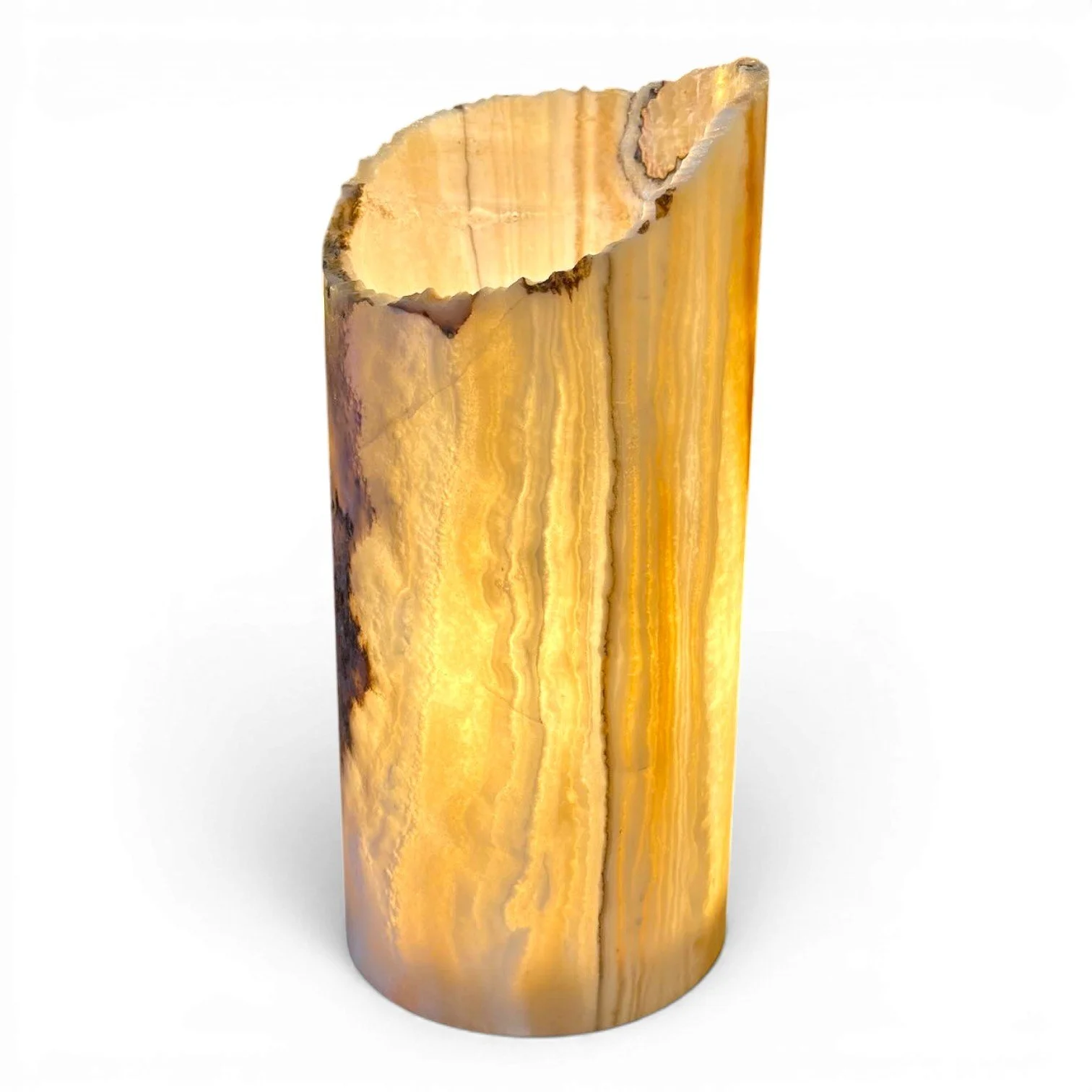 Handmade Mexican scalloped cylinder onyx lamp with warm glowing stone and coastal luxury design