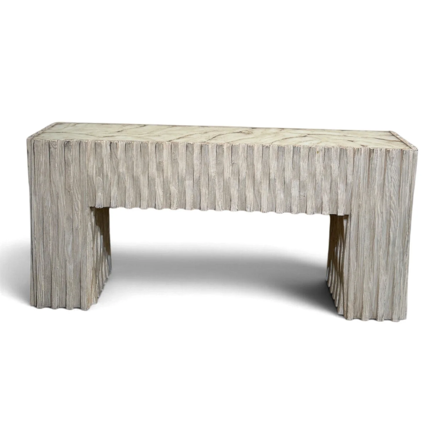 Handmade console table with marble-look reverse-painted glass top and carved wood base