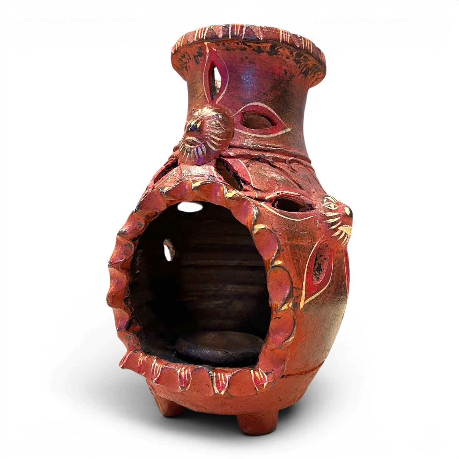 Handmade Mexican Chiminea with Sun featuring a decorative sun face design and colorful artisan finish.