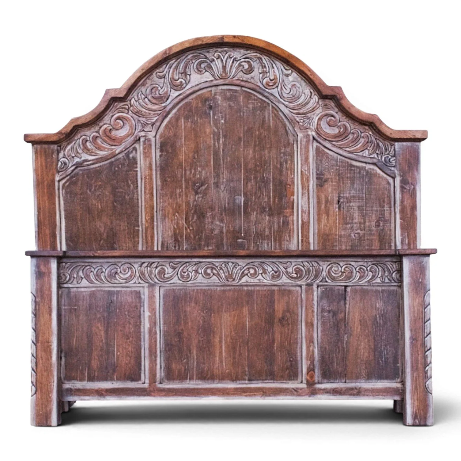Las Conchas handcrafted Mexican reclaimed wood bed with white wash finish, arched headboard, and hand-carved details