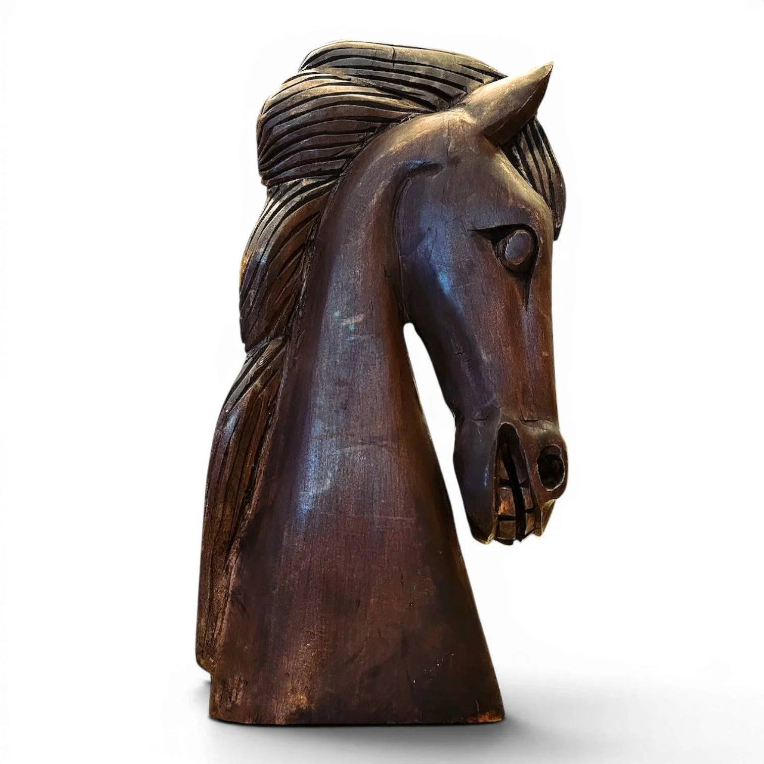 Hand carved Caballo de Madera X-Large wooden horse sculpture from Mexico with rich dark stain and artisan craftsmanship.