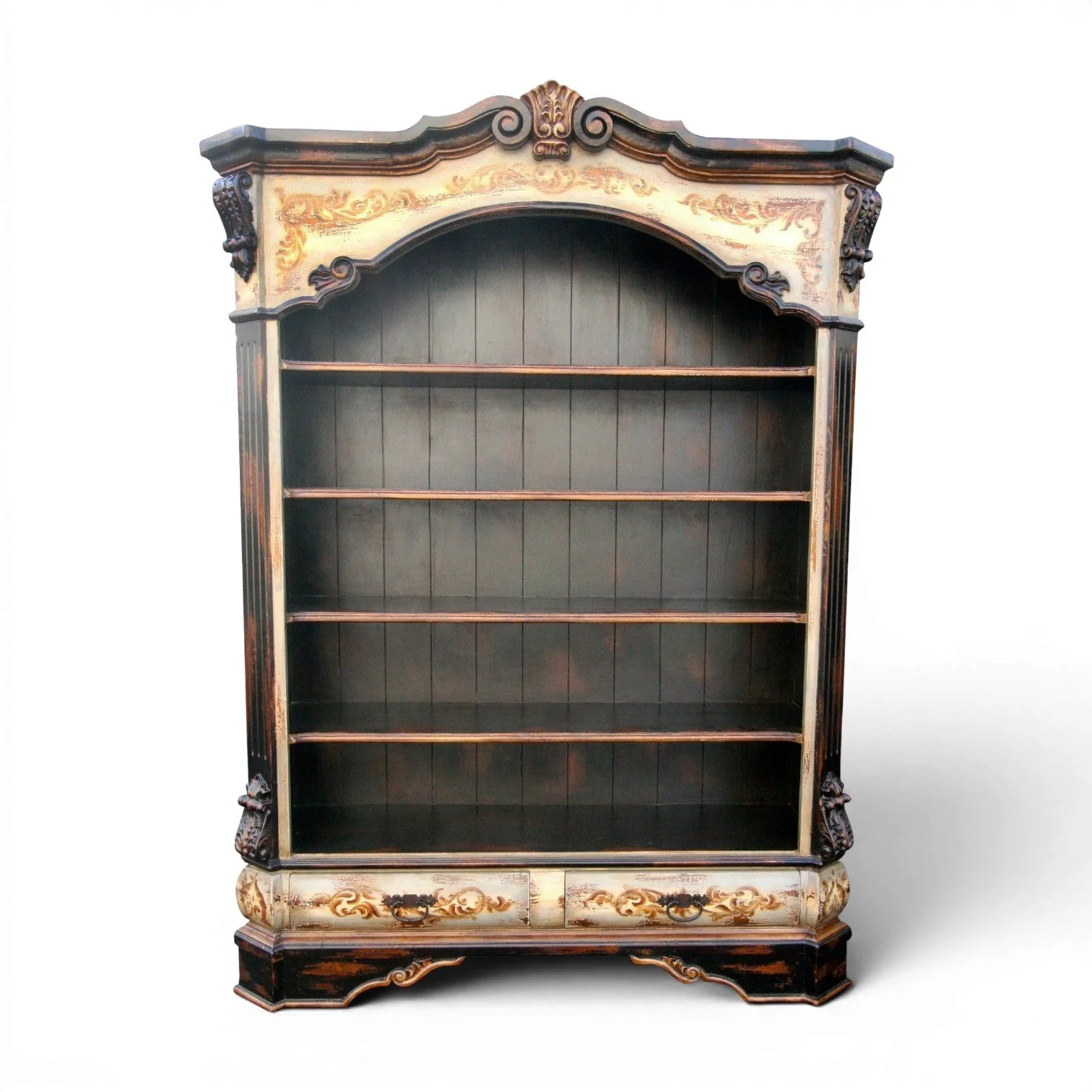 San Ignacio handmade Peruvian solid wood bookcase with hand-carved details, distressed Nanno finish, open shelving, and two lower storage drawers. Two