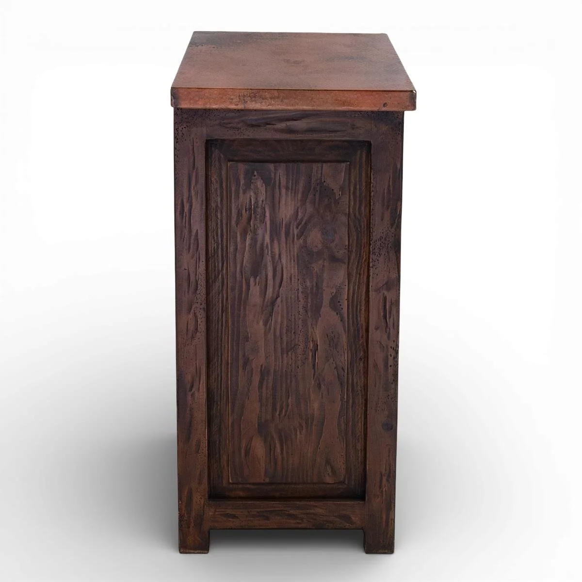 Handmade Todos Santos croc print nightstand with natural hammered copper top, reclaimed wood frame, and crocodile-embossed leather drawers crafted in Mexico.