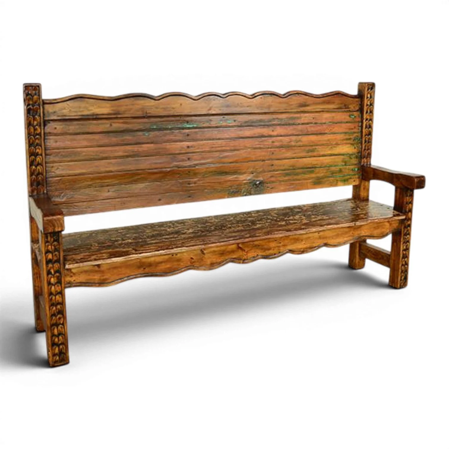 Handmade Mexican solid wood Santiago bench with hand-carved antique door design