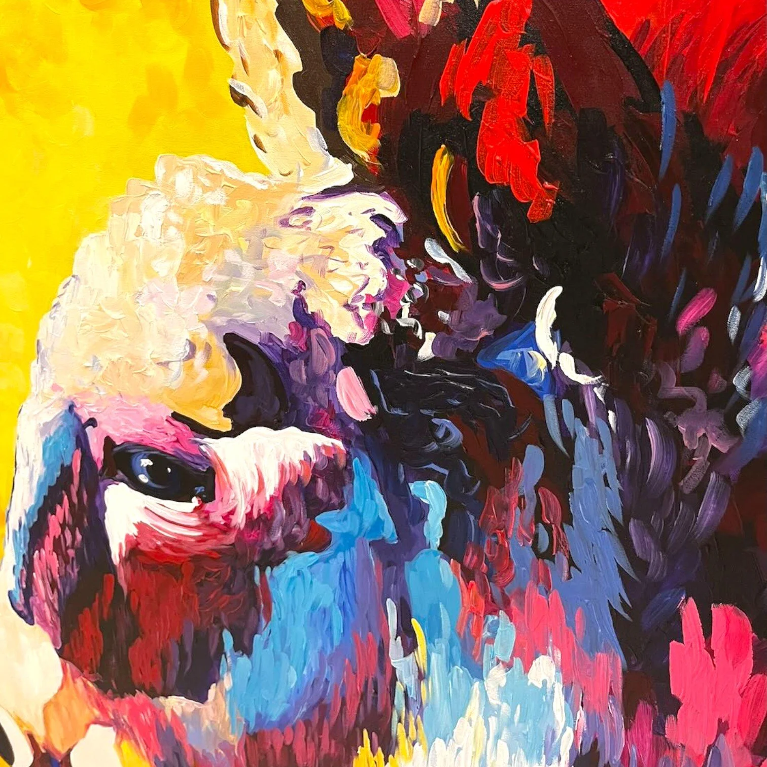 Hand-painted colorful Mexican donkey canvas artwork with textured finish
