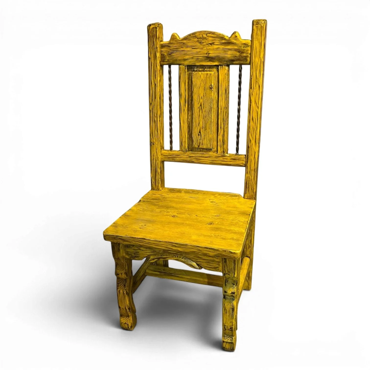 Silla Veracruz handcrafted Mexican reclaimed wood dining chair with twisted iron backrest and hand-carved details
