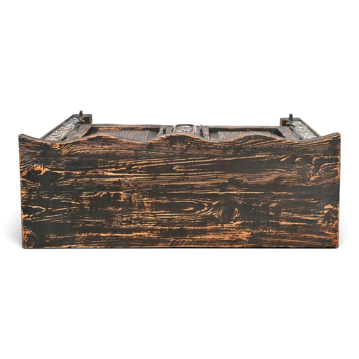 Villa Hidalgo cabinet with hand-carved details and distressed black wash finish, handmade in Mexico