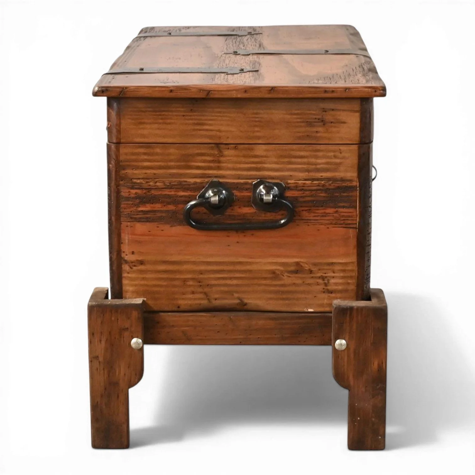 Handmade Danzante coffee table trunk with iron hardware and dark stain finish crafted in Mexico for small space storage.