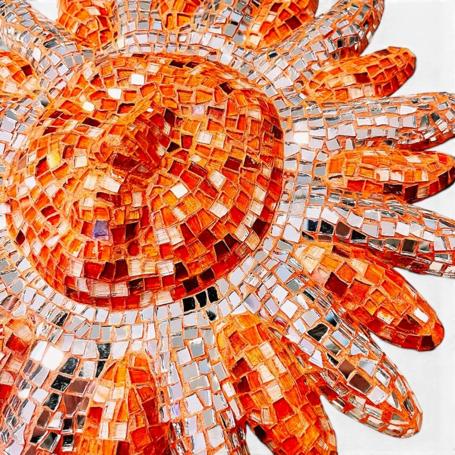 Handmade Mexican mosaic sun wall art with colorful glass, mirror tiles, and decorative clay face