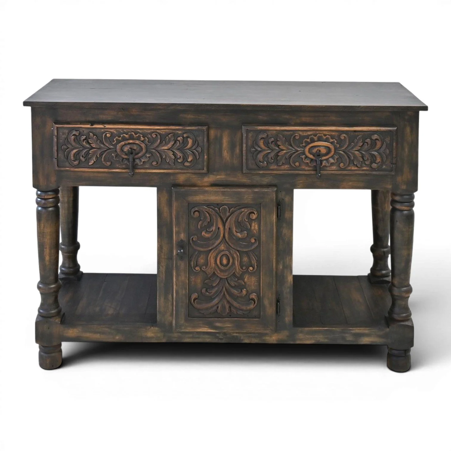 Handmade Mexican Alvarado accent cabinet with black wash finish, hand-carved details, iron hardware, drawers, cabinet, and open shelves