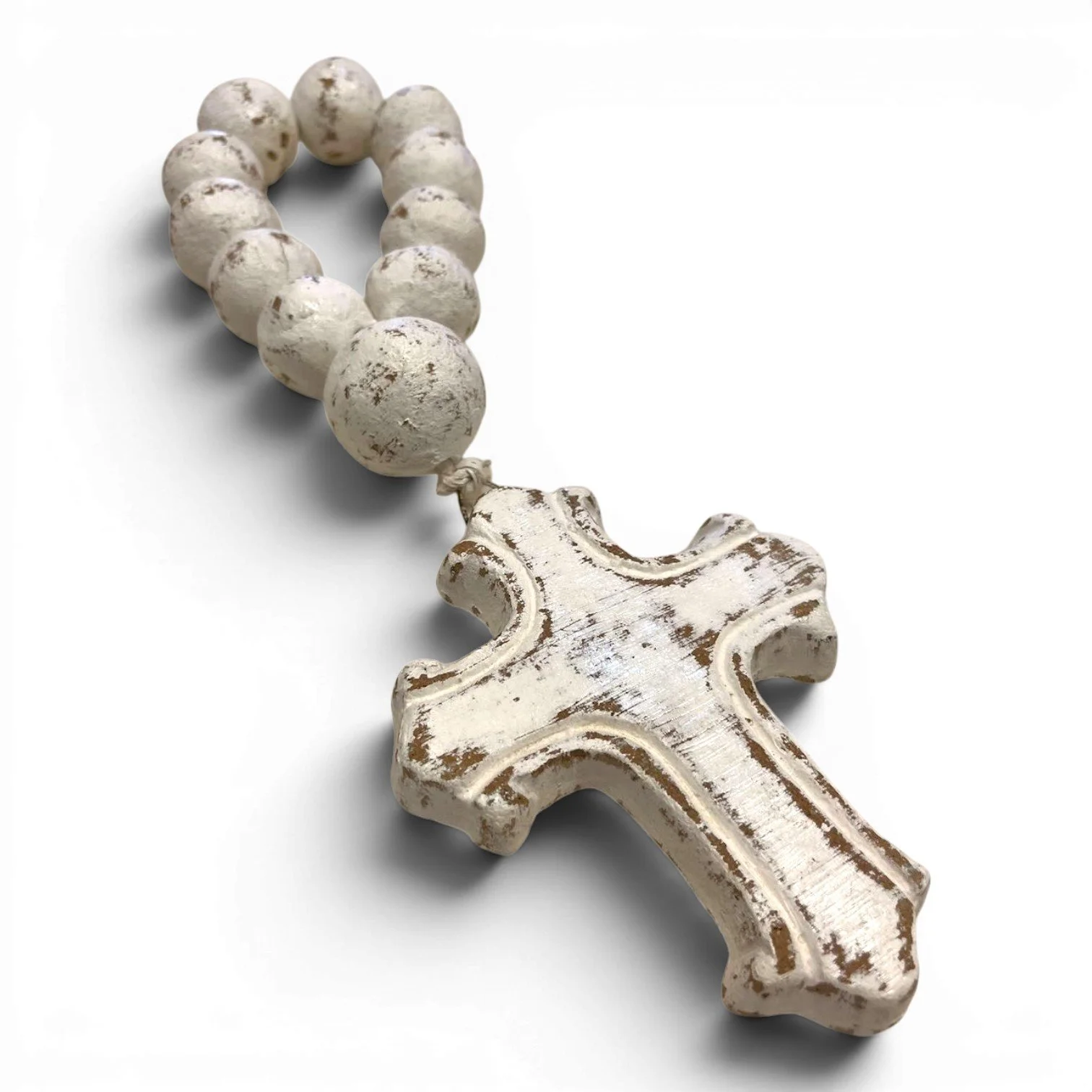 Handmade clay Rosario Corto decorative rosary with distressed white, turquoise, and blue finish crafted in Mexico.
