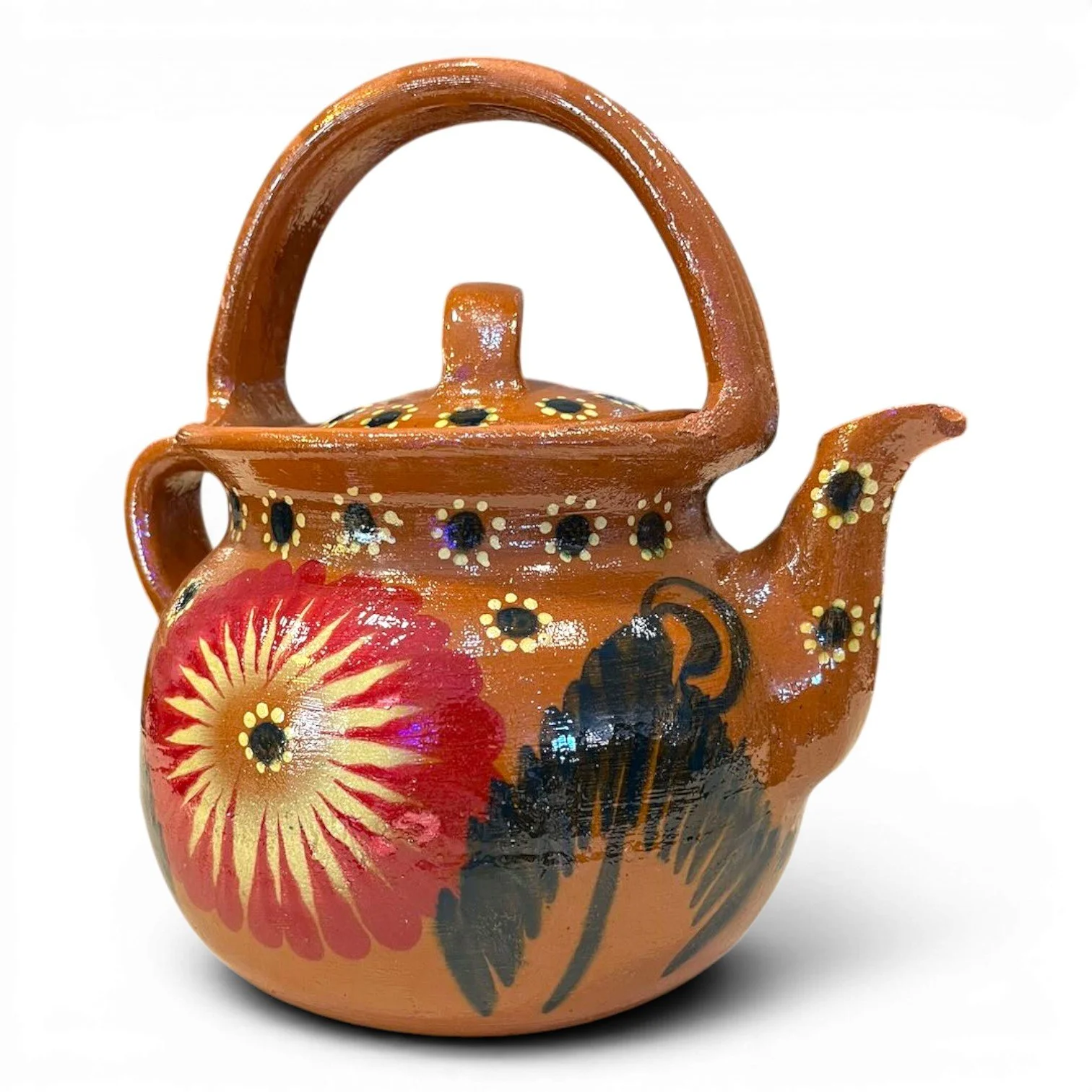 Handmade Mexican Cafetera de Barro clay coffee and tea pot with hand-painted floral design and glazed finish.